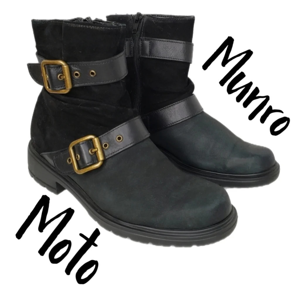 Munro Black Suede & Leather Side Zip Moto Boots sz 7M Biker Punk Goth Gold